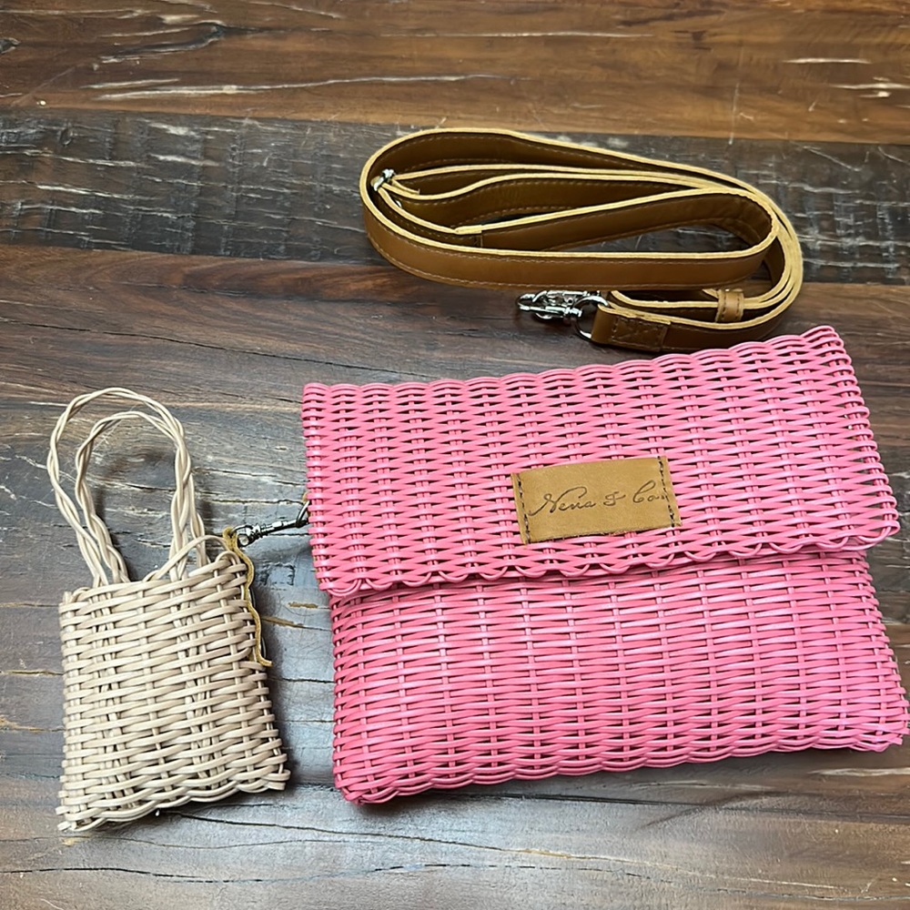 Nena & Co Pink Woven Clutch w/ Leather Strap and Beige Woven Charm